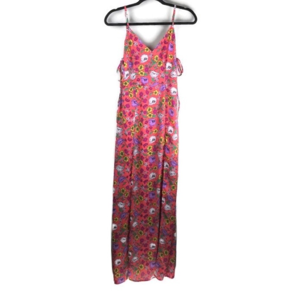 The Room Floral Double Split V-Back Side Tie Coral Maxi Dress Size Small